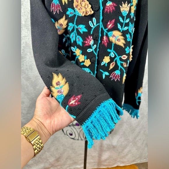 Vintage Berek beaded and embroidered floral button up cardigan size L - Picture 4 of 11